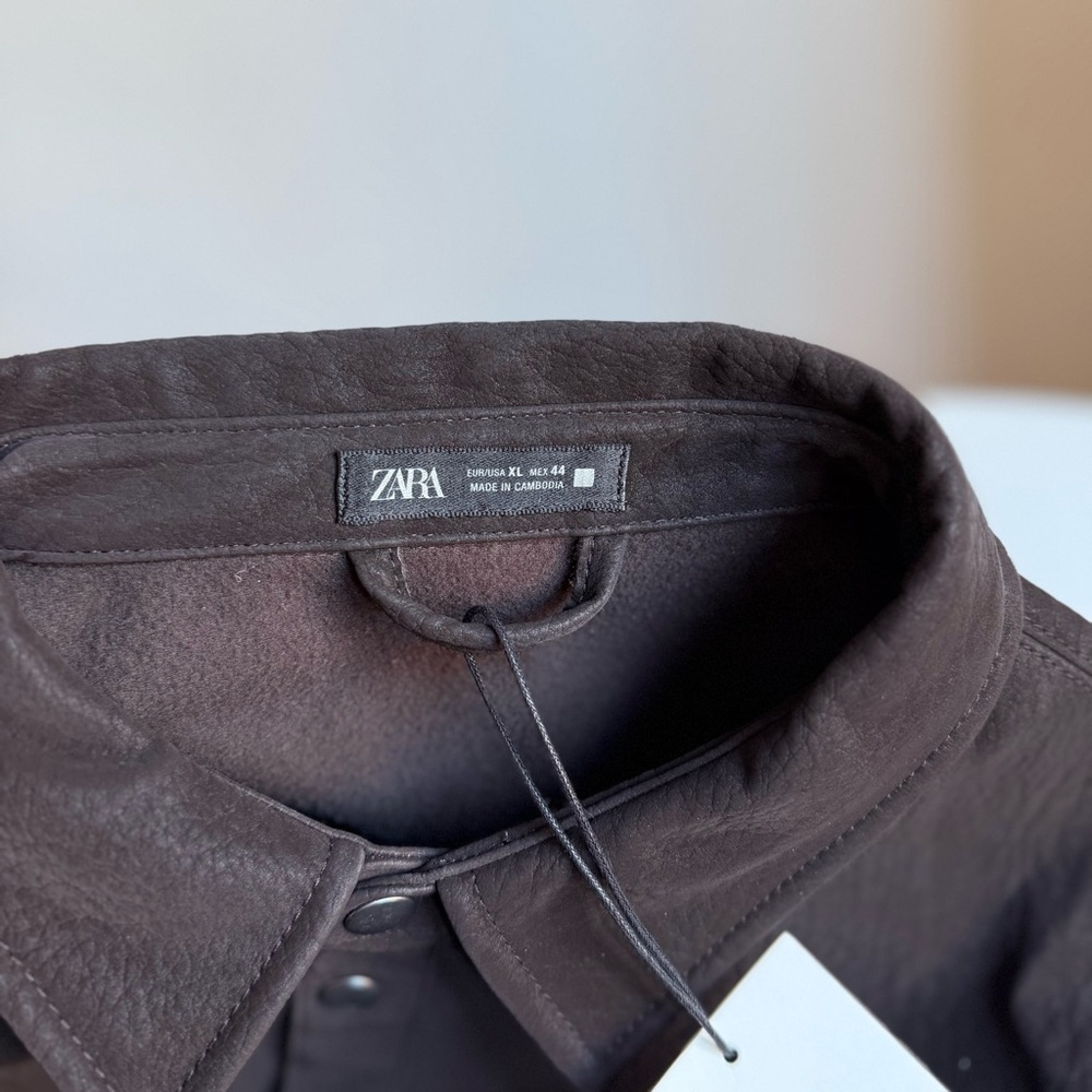 New Zara Relaxed Fit Faux Leather Overshirt Jacket Brown Pockets Button Size XL - Picture 10 of 16